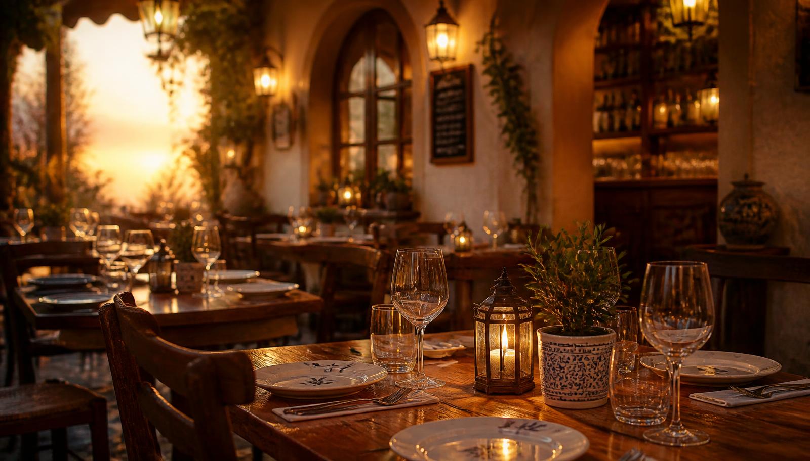Candlelit dining room at Lanterna set for dinner